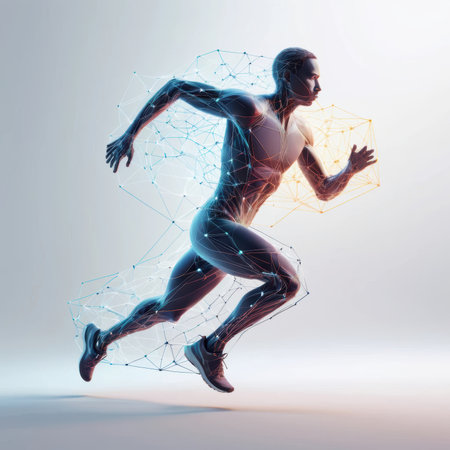 A digital figure is shown running forward in a dynamic pose with interconnected lines and shapes.の素材