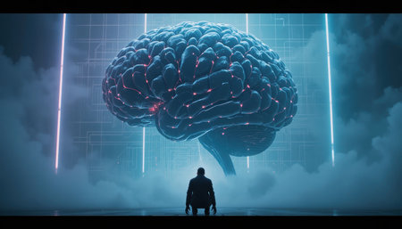 A person stands still in front of a giant brain surrounded by neon lights and fog.の素材