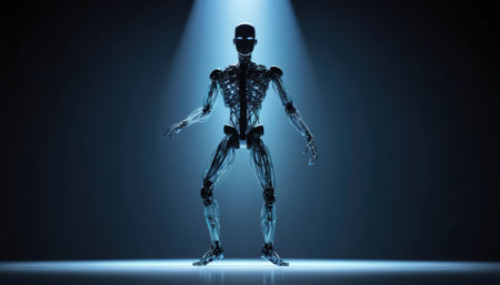 A robot skeleton poses in a dark area illuminated by a spotlight. The scene shows advanced technology and design.の素材