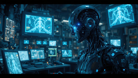 A robot stands in a control room surrounded by screens displaying data and images at night.の素材