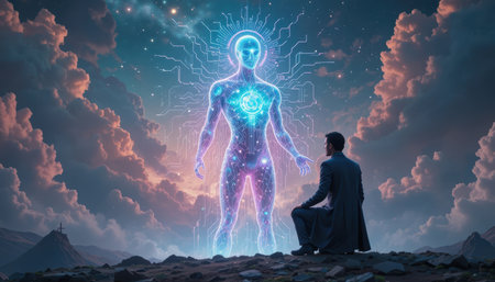 A man kneels on the ground, looking at a glowing figure surrounded by stars and clouds.の素材