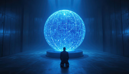 A person kneels before a large blue globe with bright data lines in a dim room.の素材