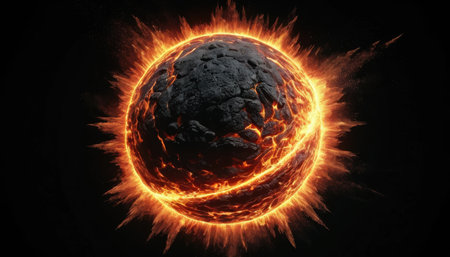 A planet appears engulfed in flames, set against a dark background. The scene shows intense heat and energy.の素材