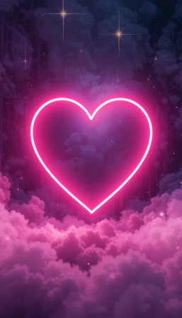 A glowing pink heart shines brightly in a cloudy sky filled with stars at night.の素材