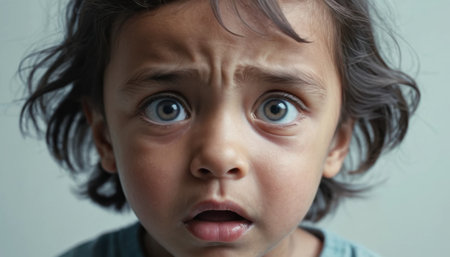 A child shows concern and fear while looking at the camera in a simple setting.の素材