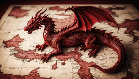 A red dragon figure rests on a geographical map, symbolizing prosperity during Chinese New Year festivities.の素材