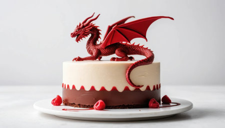 A festive cake decorated with a red dragon figure sits on a white plate. Cherries are placed around the base.の素材