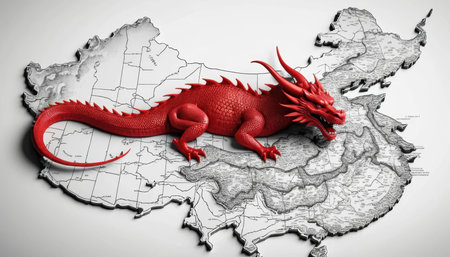 A red dragon rests on a map of China, celebrating Chinese New Year and highlighting cultural traditions and symbols.の素材