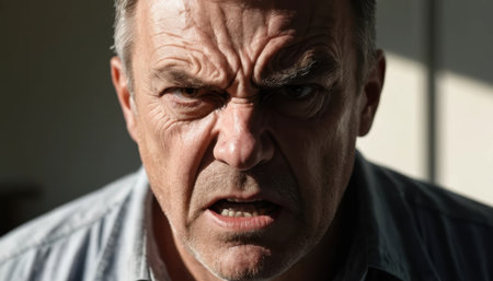 A man displays strong feelings of anger and frustration while standing indoors. The light creates shadows on his face.の素材