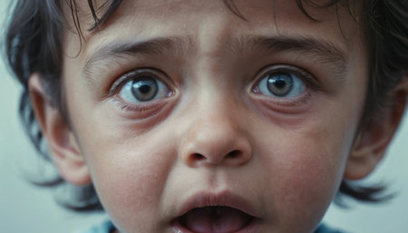 A young child looks surprised with wide eyes. The child seems curious and engaged in the moment.の素材