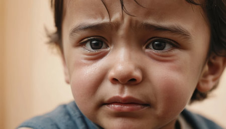 A child appears sad with tears in their eyes, looking into the distance in a room.の素材