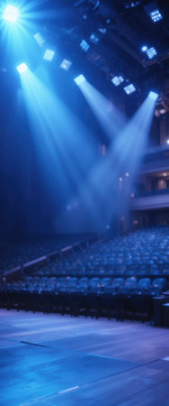 Bright lights shine on an empty theater stage while seats await an audience for the show.の素材