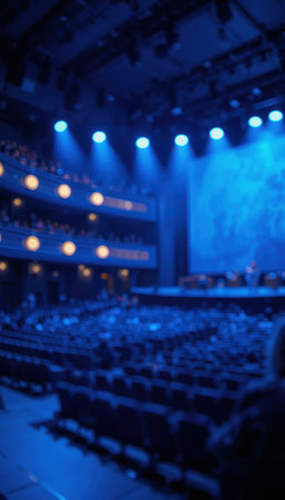 A theater filled with empty seats and blue lighting before the show starts at night.の素材