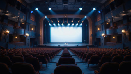 Bright lights shine on the stage while empty seats fill the theater ready for a performance.の素材