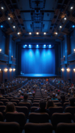 People sit in rows waiting for a performance. The stage is brightly lit with blue lights.の素材