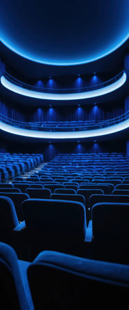 The theater features rows of empty seats under blue lighting and an open stage.の素材