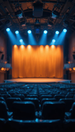 Seating fills a theater where lights shine on a curtain before a performance begins.の素材