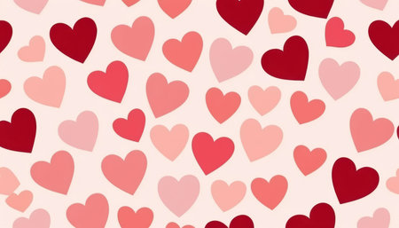 Many heart shapes in various shades are scattered across a light background, creating a festive look.の素材