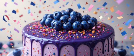 A round cake topped with blueberries sits on a table. Colorful confetti falls from above, adding a festive touch.の素材