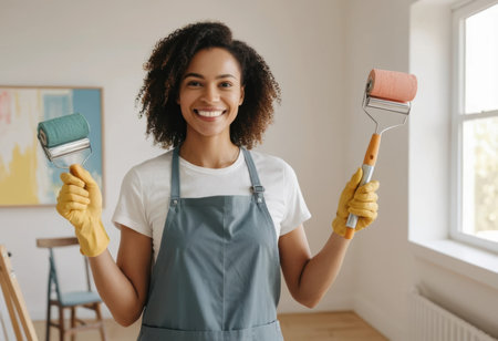 A woman stands in a well-lit room holding two paint rollers. She wears gloves and looks happy.の素材