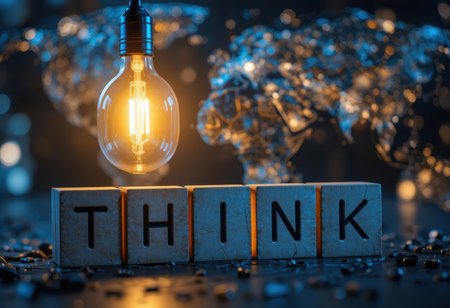A glowing light bulb hangs above the word think made of wooden blocks. A globe is blurred in the background.の素材