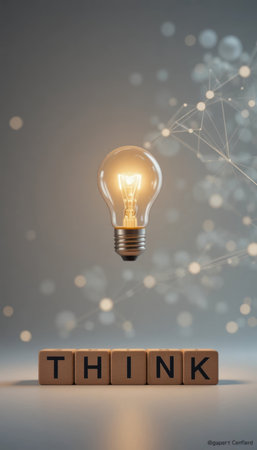 A light bulb hovers over wooden blocks that spell think against a soft background with points of light.の素材
