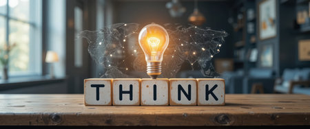 A light bulb shines above blocks that spell think in a workspace with warm lighting and decor.の素材