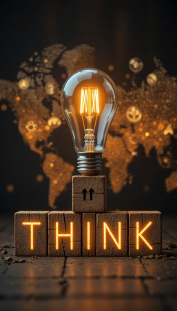 A light bulb sits on blocks that spell think against a world map backdrop at night.の素材