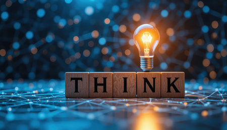 A light bulb sits above wooden blocks that spell think with a network backdrop of light dots.の素材