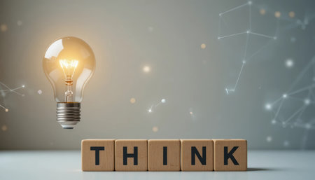 A light bulb hovers above blocks arranged to spell think in a workspace. Ideas flow in this simple setting.の素材