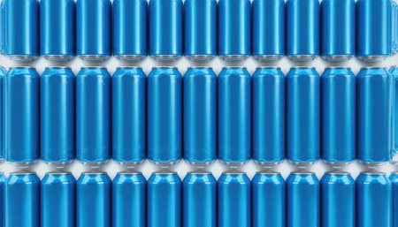 Cans of blue color are lined up in straight rows creating a uniform arrangement on a white background.の素材