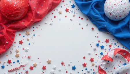 Red and blue decorations are arranged on a white surface for President's Day.の素材