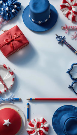 Red, white, and blue hats, bows, and decorations are arranged for a President's Day celebration.の素材