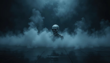 A skull figure emerges from fog in a dark space creating a mysterious setting during night.の素材