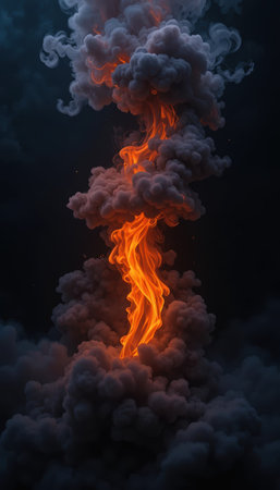 Flames emerge through dark smoke, creating a dramatic visual in a mysterious atmosphere.の素材