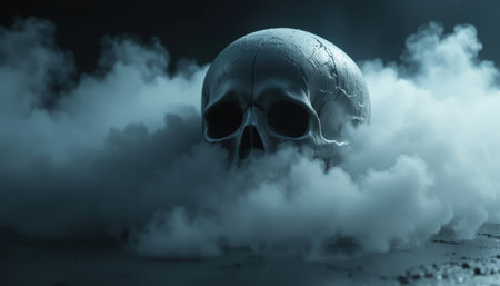 A skull is partially hidden by thick fog, creating an intriguing view of its surface and texture.の素材