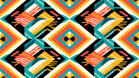 The design features various geometric shapes and lines in multiple colors, arranged in a repeating pattern.の素材