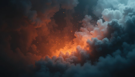 Dark clouds gather in the sky, with bright flames flickering amidst the storm. The scene conveys intensity and power.の素材