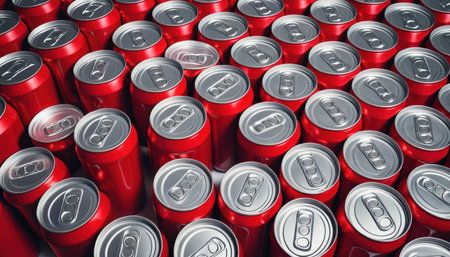 Numerous red drink cans are stacked closely together, showing the tops with pull tabs.の素材