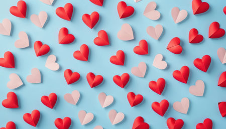 Hearts in various sizes and colors are arranged on a blue surface for decoration purposes.の素材
