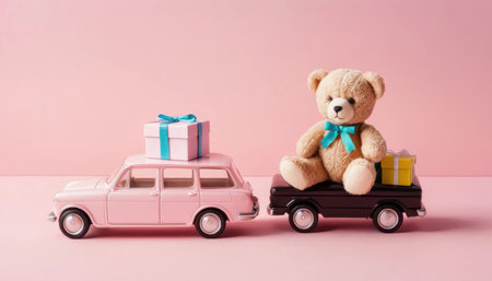 Two toy cars are carrying gifts. One car is pink and the other is black. A teddy bear sits on the black car.の素材