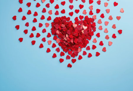 Small red hearts are arranged in a large heart shape on a blue surface, showcasing love and affection.の素材