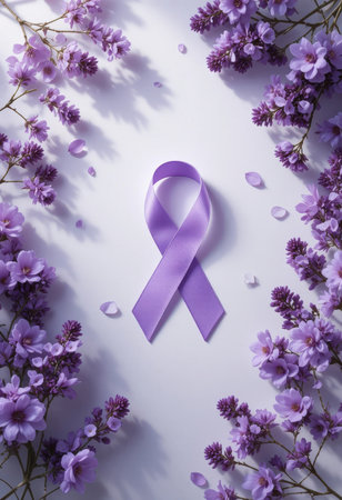 Purple ribbon lies in the center, surrounded by small flowers and petals on a light background.の素材