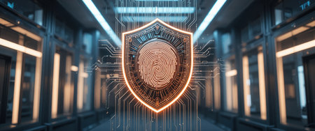 A digital security shield displays a fingerprint design inside a technology space.の素材