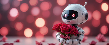 A robot stands holding red roses against a colorful background for Valentine's Day.の素材