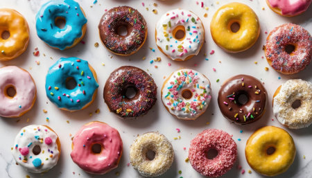 Brightly colored donuts are arranged on a white surface. Various toppings and flavors are visible.の素材