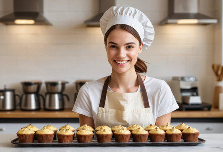 A baker stands in a kitchen with a tray of cupcakes ready for display and sale.の素材