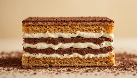 Layers of chocolate and cream stacked between crispy layers. The treat is surrounded by cocoa.の素材