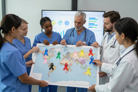 A group of medical professionals discusses World Cancer Day while showing a world map with colored ribbons placed on it.の素材