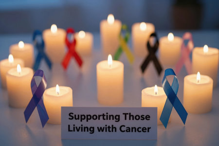 Candles and ribbons are gathered for World Cancer Day to show support for people affected by cancer.の素材